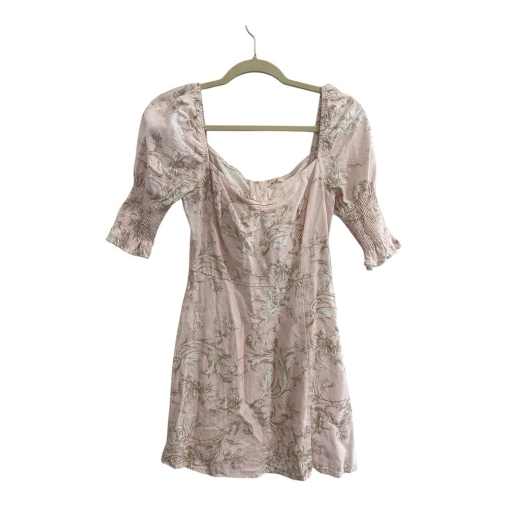 Miami Pink Puff Sleeve Floral Mini Dress Linen Blend Size Large